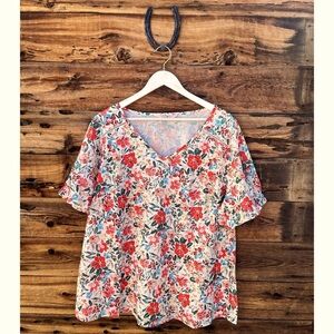 AGNES ORINDA | Floral Tunic Orange Blue Short Elastic Sleeves 3X